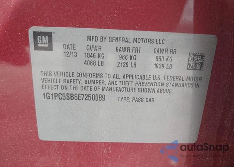 2014 Chevrolet Cruze 1Lt Auto из США, поврежденный, VIN 1G1PC5SB6E7250089